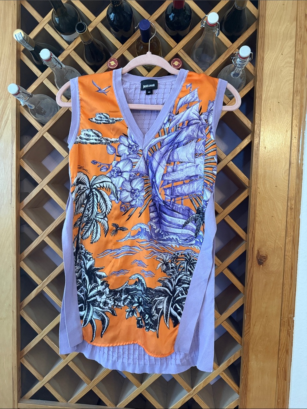 Just Cavalli Orange and Lavender Tropical V-Neck Sleeveless Top